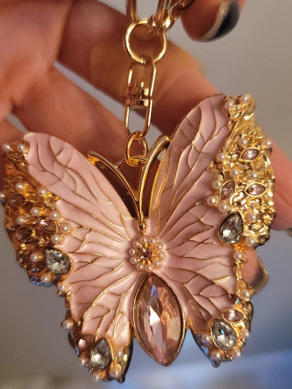 Bling Butterfly Rhinestone Keychain/Charm/Brooch.  Brand new. Light Pink.